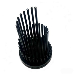 designer-aluminum-pen-holder-cylindrical.jpg. Modern cylindrical pen holder made from CNC-machined aluminum with vertical pillar design and matte black anodized finish.