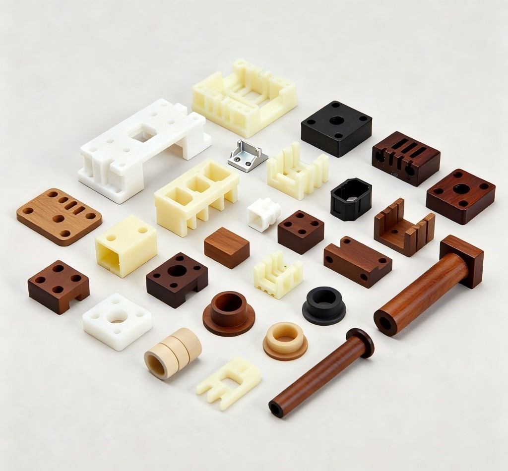 Assortment of CNC machined engineering plastic components including POM (Acetal), PU (Urethane), and Bakelite (Phenolic), for insulation and wear resistance.