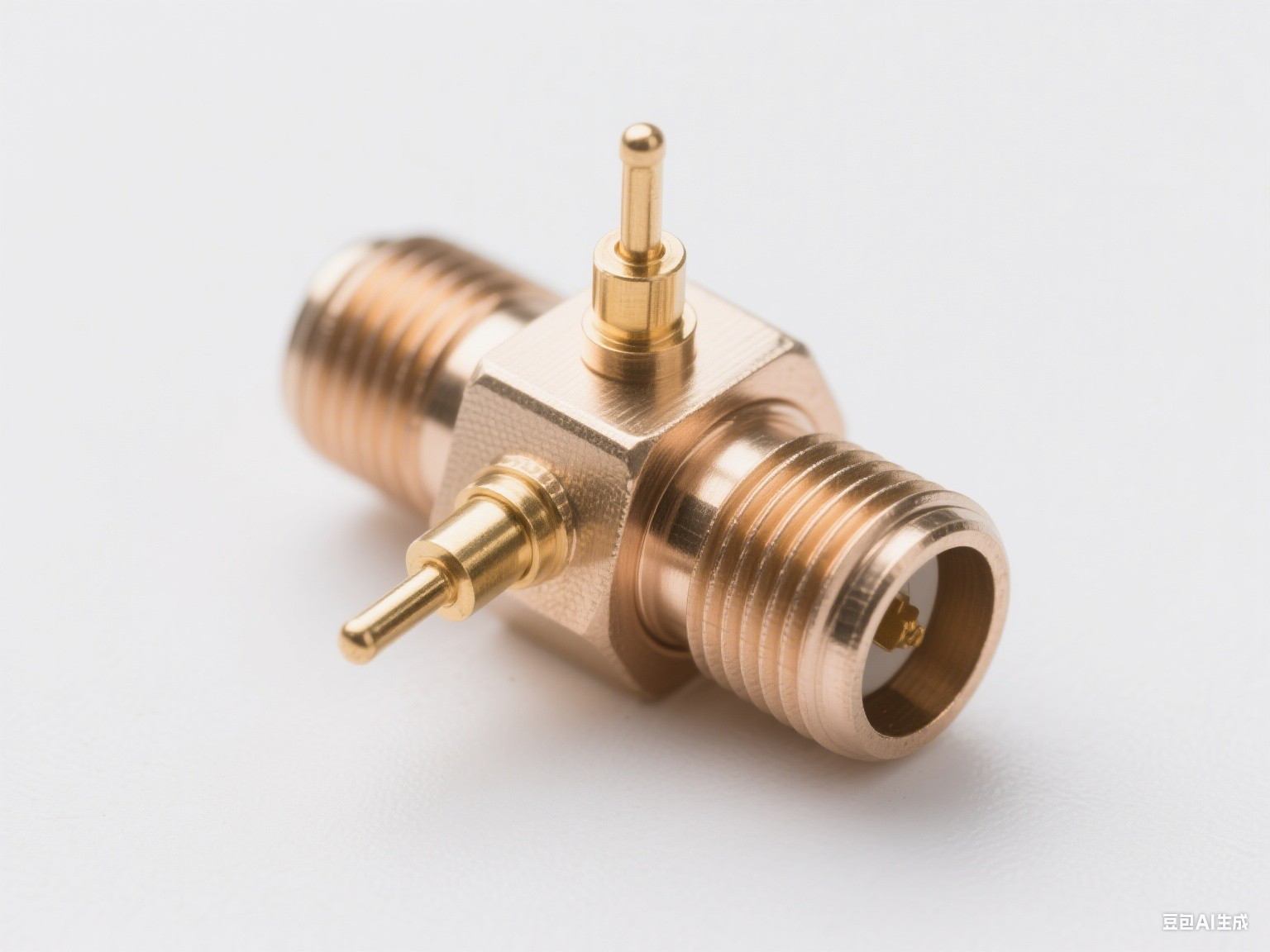 Precision CNC machined copper RF connector for 5G applications, ensuring minimal signal loss and maximum conductivity.