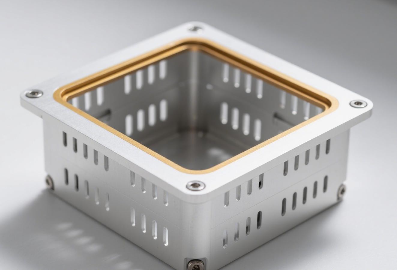 Complex multi-cavity aluminum shield for 5G PCBA, isolating sensitive RF components from electromagnetic interference.